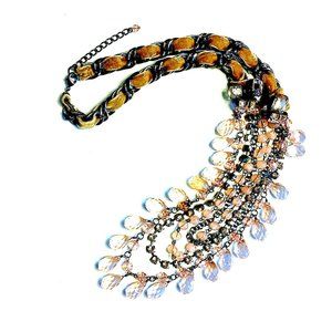 Pink Glass Bead Rhinestone Boho Long Necklace Silver Tone Velvet Ribbon Chain